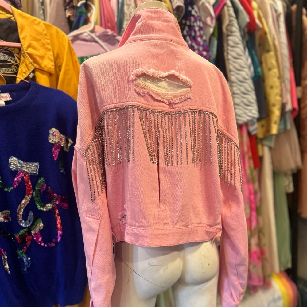 Pink Diamond Fringe Distressed Denim Jacket